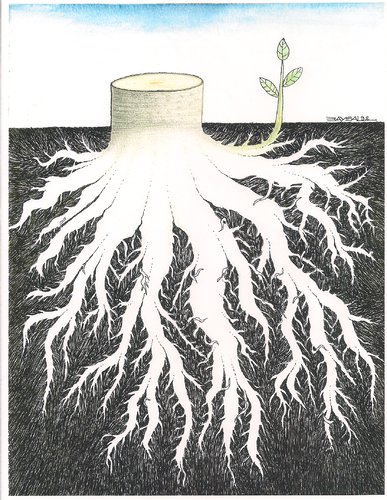 Cartoon: The Roots (medium) by ercan baysal tagged logo,philosophy,ercanbaysal,symbol,fantasy,tattoo,pencil,pen,form,favorite,idea,job,draw,good,artwork,art,work,handmade,hope,root,tree,resistance,white,black,climate,line,ink,sapling,cute,cartoon