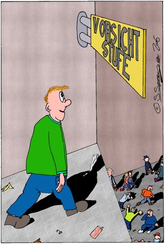 Cartoon: Vorsicht Stufe (medium) by chaosartwork tagged vorsicht,stufe,schild,bahnhof,abgrund,warnung,halle,absturz,falle,achtung