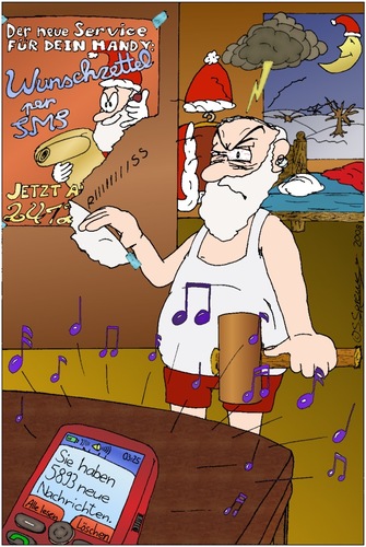 Cartoon: Wunschzettel per SMS (medium) by chaosartwork tagged weihnachten,christmas,xmas,neu,service,dienst,handy,mobile,cell,phone,sms,nachricht,wunschliste,wunschzettel