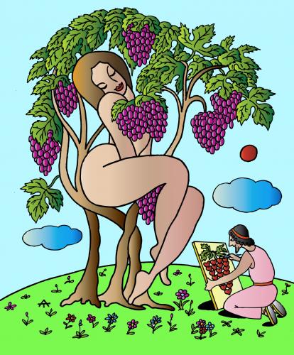 Cartoon: priroda i artist S (medium) by Alexei Talimonov tagged natur,baum,frucht,weiblichkeit,frau,maler,künstler,wein,weintrauben,aktmodell,akt