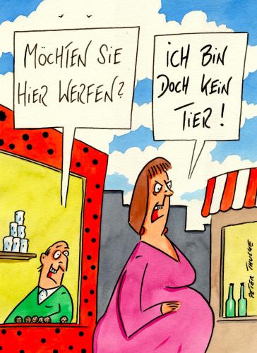 Cartoon: werfen (medium) by Peter Thulke tagged schwangerschaft,rummel,frauen,schwangerschaft,schwanger,nachwuchs,kind,kinder,familie,eltern,mutter,frau,baby,rummel,spielbude,kirmes,werfen,spiel,missverständnis,tierreich,tier,biologie,begrifflichkeiten,geburt,gebären,wurf,mutterschaft,muttertier,mehrfachgeburt,menschheit,mensch,fortpflanzung