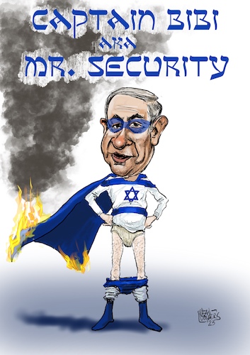 Cartoon: Captain Bibi aka Mr. Security (medium) by jean gouders cartoons tagged israel,hamas,netanyahu,middle,east,israel,hamas,netanyahu,middle,east