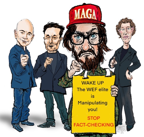 Cartoon: No fact-checking (medium) by jean gouders cartoons tagged fact,checking,bezos,trump,zuckerberg,musk,fact,checking,bezos,trump,zuckerberg,musk