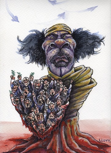 Cartoon: Dictator and his human shield (medium) by lloyy tagged gadddafi,dictator,human,shield,libia,caricature,humour,lloyy