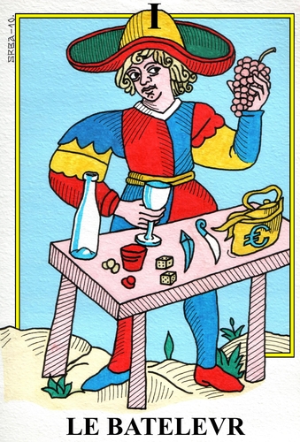 Cartoon: Le Bateleur (medium) by srba tagged the,magic,grape,wine,tarot,cards