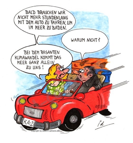 Cartoon: Klimawandel (medium) by irlcartoons tagged klimawandel,meeresspiegel,ferien,reiseroute,sommer,hitzewelle,gletscherschmelze,grönland,abgase,temperatur,treibhauseffekt,natur,flutwelle,überschwemmung,sonne,koffer