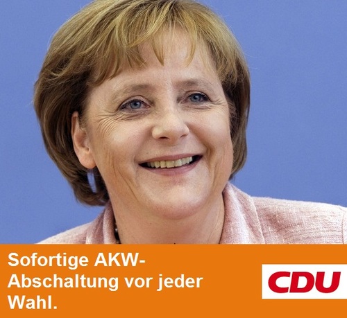 Cartoon: CDU-Wahlplakat (medium) by Paramantus tagged wahlen,cdu,wahlplakat,merkel,atom,moratorium,akw