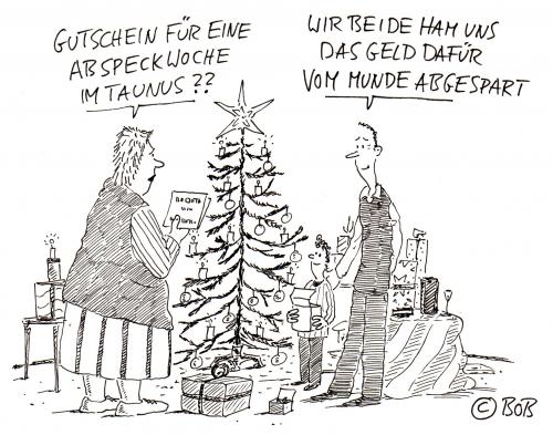 Cartoon: Abspeck (medium) by Christian BOB Born tagged abspecken,absparen,geschenk,weihnachten,weihnachten,weihnacht,geschenke,geschenk,familie,mann,frau,diät,übergewicht,gewicht,essen,nahrung,ernährung,dick,fett,kur,abspecken,abnehmen,hunger,hungern,gutschein,taunus,gesundheit