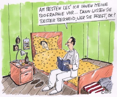 Cartoon: Ausgeliefert (medium) by Christian BOB Born tagged pflegenotstand,märchenstunde,sterbehilfe,pflege,altenpflege,betreuung,alt,alter,oma,opa,großeltern,körper,hilfe,unterstützung,altersheim,rentner,rentenempfänger,altenheim,pfleger,krankenpfleger,gesundheit,krankheit,senior,senioren,seniorenheim,fürsorge,sterbehilfe,vorlesen,lesen,ausgeliefert,biographie,literatur,auto,bücher,buch