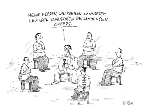 Cartoon: Cheerio (medium) by Christian BOB Born tagged psychiatrie,zwangsjacken,patienten,zwanglos,beisammensein,willkommen,herrenrunde