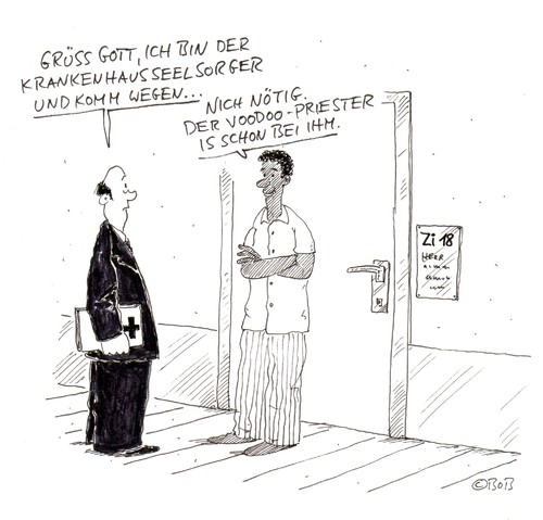 Cartoon: Nich nötig... (medium) by Christian BOB Born tagged priester,voodoo,krankenhaus,patient,kirche,klinik,krank,seelsorge
