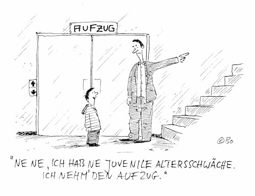 Cartoon: o.T. (medium) by Christian BOB Born tagged jugend,juvenil,altersschwäche,treppe,lift,aufzug,anstrengung,jugend,juvenil,altersschwäche,treppe,lift,aufzug,anstrengung