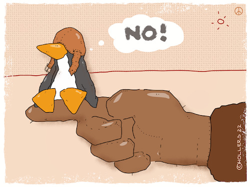 Cartoon: Baby Penguin Disobeying Orders (medium) by hollers tagged no,war,baby,penguin,disobey,orders,refuse,fly,gun,bomb,refusal,peace,soldiers,no,war,baby,penguin,disobey,orders,refuse,fly,gun,bomb,refusal,peace,soldiers