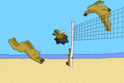 Cartoon: Beach bunnies (medium) by hollers tagged beach,bunnies,strand,hasen,hasen,kaninchen,volleyball,netz,strand,spiel,meer,igel,springen,spaß,ball,hüpfen,tiere,ballspiel