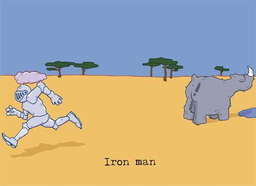 Cartoon: Iron man (medium) by hollers tagged beklopptensport,wegrennen,treten,ass,kick,man,iron,ritter,nashorn,nashorn,tiere,ritter,wegrennen
