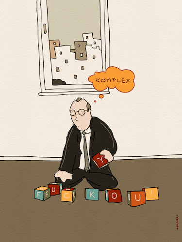 Cartoon: Komplex (medium) by hollers tagged merz,trump,reaktion,venezuela,komplex,unmandat,invasion,völkerrecht,würfel,buchstaben,fuck,you,merz,trump,reaktion,venezuela,komplex,würfel,buchstaben,fuck,you