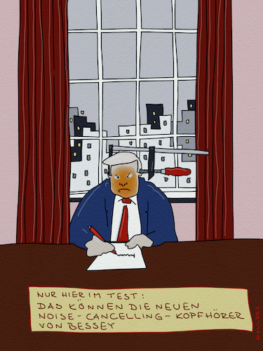 Cartoon: Warentest (medium) by hollers tagged noise,cancelling,kopfhörer,schraubzwingen,trump,warentest,demokratie,noise,cancelling,kopfhörer,schraubzwingen,trump,warentest,demokratie