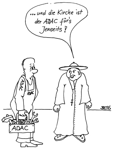 Cartoon: ADAC fürs Jenseits (medium) by besscartoon tagged besscartoon,bess,adac,himmel,pfarrer,jenseits,katholisch,religion,kirche