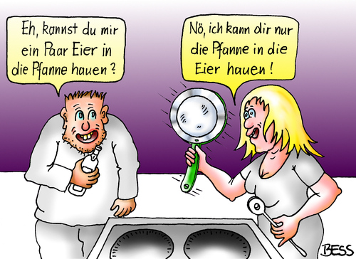 Cartoon: alles Ansichtssache (medium) by besscartoon tagged paar,mann,frau,beziehung,kochen,pfanne,eier,ei,schlagen,gewalt,beziehungsprobleme,streit,ärger,stunk,bess,besscartoon