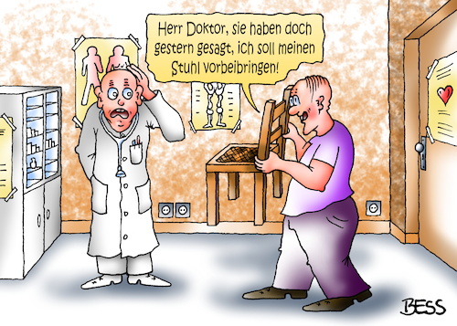 Cartoon: Arztbesuch (medium) by besscartoon tagged mann,männer,arzt,doktor,stuhl,patient,medizin,bess,besscartoon