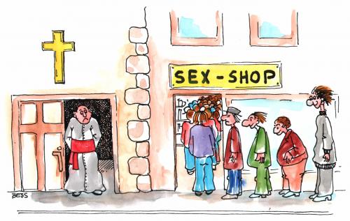 Cartoon: schlechtes Geschäft (medium) by besscartoon tagged bess,sexshop,pfarrer,christentum,kirche,religion,besscartoon
