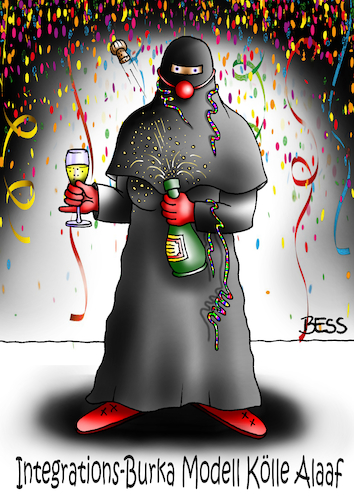 Cartoon: elfterelfterelfuhrelf (medium) by besscartoon tagged karneval,fastnacht,fasnet,fasching,köln,kölle,alaaf,burka,islam,integration,asyl,flüchtlinge,religion,toleranz,bess,besscartoon