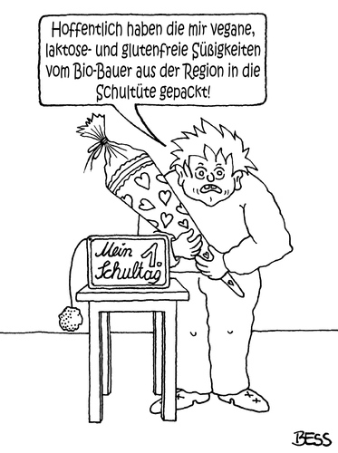 Cartoon: Erster Schultag (medium) by besscartoon tagged besscartoon,bess,schultüte,essen,schultag,erster,region,bio,biobauer,vegan,glutenfrei,laktosefrei,süssigkeiten,schüler,pädagogik,schule