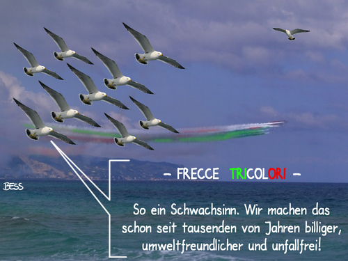 Cartoon: Frecce Tricolori (medium) by besscartoon tagged frecce,tricolori,italien,fliegen,flugvorführung,formationflugzeug,schwachsinn,vogel,vögel,umweltschutz,umweltfreundlich,billiger,unfallfrei,bess,besscartoon