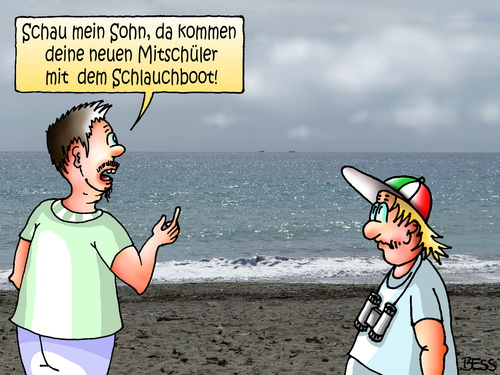 Cartoon: Italien-Route (medium) by besscartoon tagged schule,mitschüler,urlaub,ferien,italien,meer,sonne,schlauchboot,asyl,refugees,welcome,willkommen,flüchtlinge,flüchtlingsdrama,syrien,deutschland,politik,bess,besscartoon