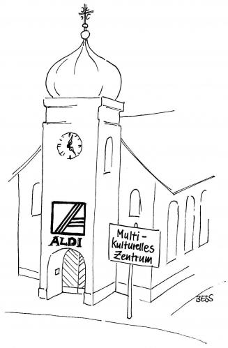 Cartoon: Kulturzentrum (medium) by besscartoon tagged kulturzentrum,aldi,religion,kirche,bess,besscartoon