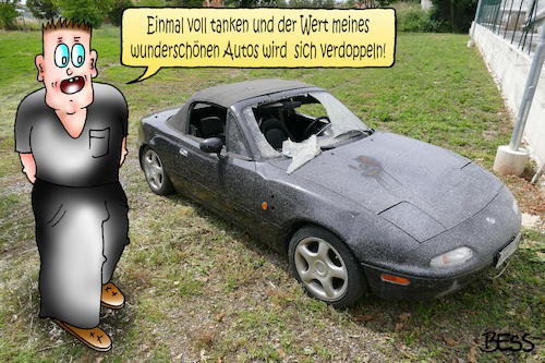 Cartoon: Optimist (medium) by besscartoon tagged mann,auto,tanken,wert,schrott,geld,verkehr,bess,besscartoon