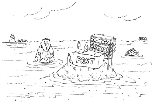 Cartoon: Post (medium) by besscartoon tagged mann,meer,insel,post,flaschenpost,bess,besscartoon