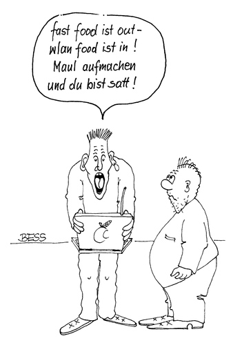 Cartoon: wlan food (medium) by besscartoon tagged computer,technik,wlan,essen,fastfood,maul,bess,besscartoon