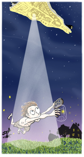 Cartoon: Abduction (medium) by Dunlap-Shohl tagged alien,abduction,boy,firefly,summer,farm,dog,spaceship