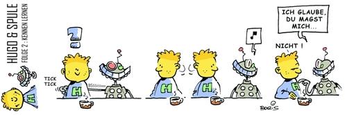 Cartoon: Hugo und Spule Folge 2 (medium) by atzecomic tagged hugo,spule,roboter,schütz,atzecomic,kennenlernen