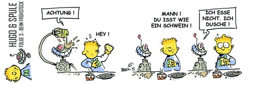 Cartoon: Hugo und Spule Folge 3 (medium) by atzecomic tagged hugo,spule,roboter,schütz,atzecomic,duschen