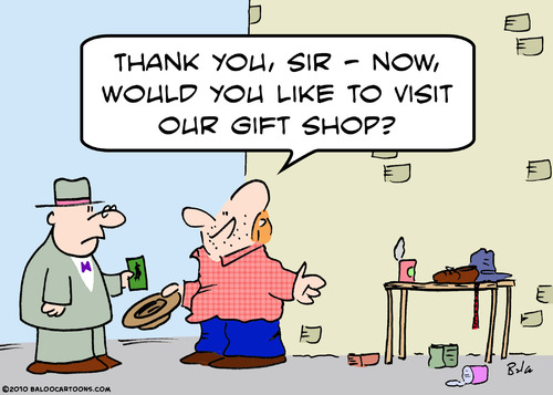 Cartoon: gift shop panhandler visit (medium) by rmay tagged gift,shop,panhandler,visit